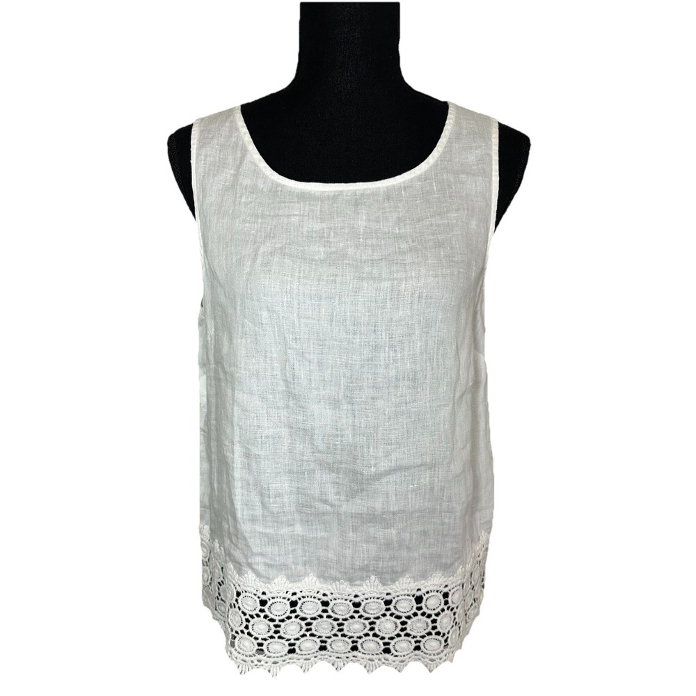 St. Tropez West Women's SMALL White Linen Crochet Lace Hem Tank Top Sleeveless‎